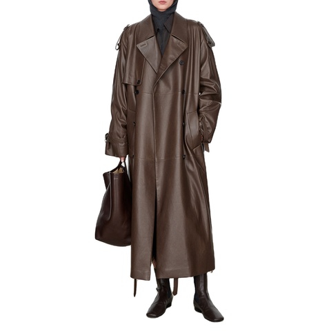 Luxury 3251 Latest Design Stylish Sheepskin Leather Jacket Loose Belted Long Leather Trench Coat