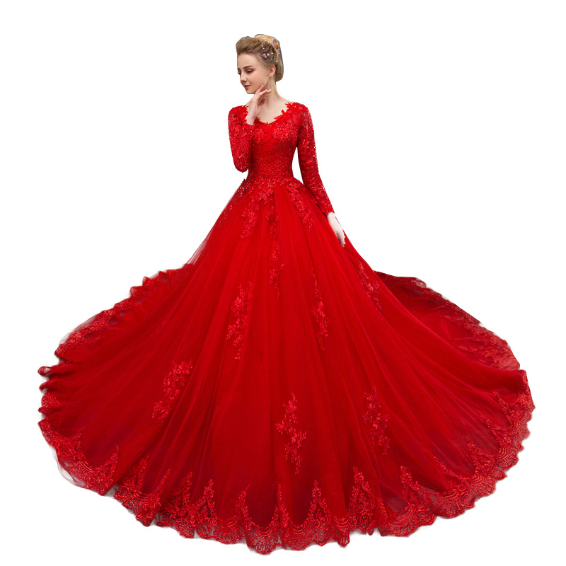 red lace long sleeve wedding dress Red Beads Tulle Ball Wedding Dress Long Sleeve Lace-up Fully Covered Bridal Gown