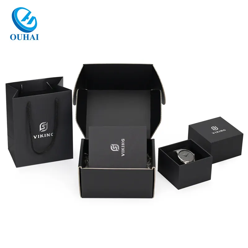 Luxury Glossy Paper Custom Logo Watch Packaging Box Hot-sale Watch Black Gift Box with Silver Foil Logo
