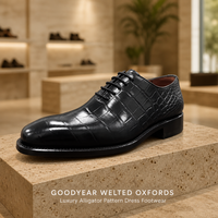 Chaussures Oxford pour hommes prêtes à être expédiées, avec logo personnalisé, fabrication Goodyear, cuir gaufré crocodile, semelle en cuir véritable, OEM, faible MOQ, vente en gros