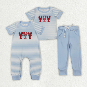 Conjunto de ropa a rayas azules con bordado de pez para bebés varones hermanos - Product Image 1