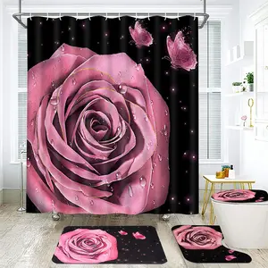 高品质定制奢华4 pcs粉色玫瑰蝴蝶印花3D浴帘套装浴室装饰