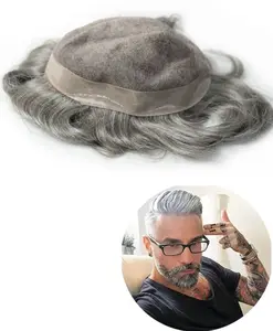 Top quality virgin European human hair replacement system grey white men's toupee 7x9 8x10 lace & pu mono base toupee for men