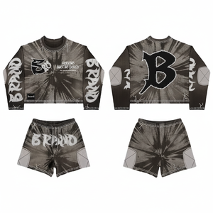 Ensembles de t-shirts pour hommes personnalisés Col côtelé avec ourlet vieilli en pierre T-shirts pour hommes Bande de taille élastique Ensemble short et t-shirts pour hommes - Product Image 1