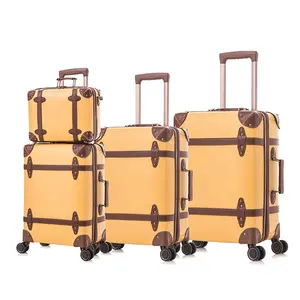 Coffre à 4 roues 24 "pouces en cuir pu avec matériau pp grande valise vintage jaune avec roues chariot rétro bagages de voyage