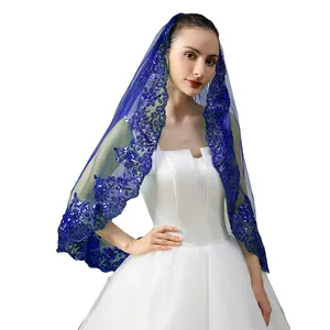 Trendy bride head cover 80-100cm gold red green blue ivory sequin lace wedding bridal veil with comb