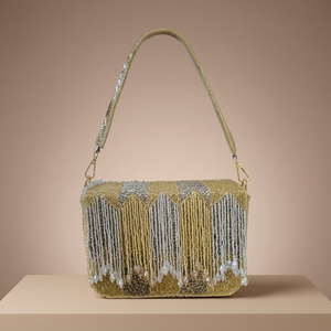 Pochette de soirée perlée avec bandoulière, faite à la main, élégante, à rabat, pour les soirées - Product Image 3