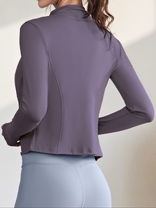 Women's Solid Purple Long Sleeve <b>Mock</b> <b>Neck</b> Yoga <b>Top</b> Breathable Seamless Crop Fit Style - Product Image 1