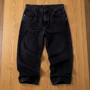 Jean en denim noir vintage tissé mi-lourd à jambe large pour homme, taille haute, délavé, coupe ample, printemps automne, streetwear - Product Image 5