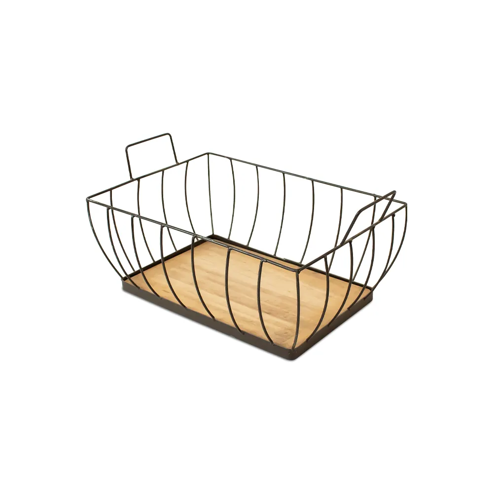 Customized household iron wire fruit storage basket with wooden bottom, iron edge countertop, fruit basket