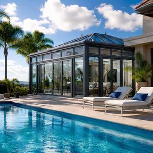 Véranda <span class=keywords><strong>moderne</strong></span> en aluminium isolée avec double vitrage Low-E, <span class=keywords><strong>solarium</strong></span> toutes saisons pour jardin extérieur, villa, patio, hôtel, parc - Product Image 3