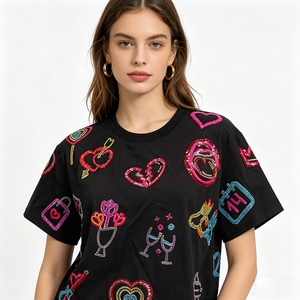 Camisetas Negras de <span class=keywords><strong>Cuello</strong></span> Redondo con Lentejuelas de Alta Calidad y Lindos Estampados, Ropa de Moda para <span class=keywords><strong>Mujer</strong></span>, Camisetas de Algodón Personalizadas de Secado Rápido y Manga Corta - Product Image 2