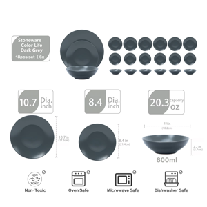 Promoción de Septiembre: Juego de Vajilla Redonda de Gres Liso Clásico para 6 Personas, Platos y Tazones de Calidad Alimentaria a Bajo Precio - Product Image 3