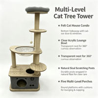 Arbre à chat multi-niveaux en bois massif RusticHaus avec maisonnette en feutre, bol en acrylique transparent, poteaux en sisal, perchoirs rembourrés et carton