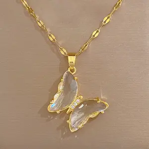 Wholesale Fashion Gold Plated Stainless Steel Inlaid Zircon Butterfly Pendant Necklace Jewelry For Women