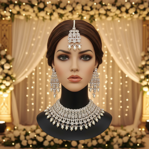 <b>Gold</b> Plated Brass Zircon Kundan Ethnic Bridal Jewelry <b>Set</b> Choker Necklace Drop Earrings Tikka High Quality Wedding Gift Party - Product Image 3