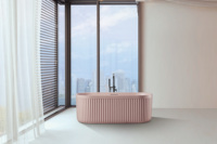 Baignoire autoportante ovale en pierre artificielle à surface solide cannelée verticale, écologique, de luxe, pour salle de bain et hôtel