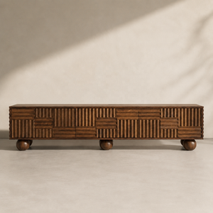 Mosaic Solid Mango Wood <b>TV</b> <b>Stand</b> Storage Fluted Doors Modern Media Console Living Room Apartment Hotel Use <b>Floor</b> Mount - Product Image 1