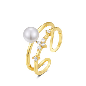 CANNER Anneaux ouverts en argent sterling 925 plaqué or 18 carats à double couche avec fleurs de perles et CZ pour femmes, bijoux personnalisés - Product Image 1