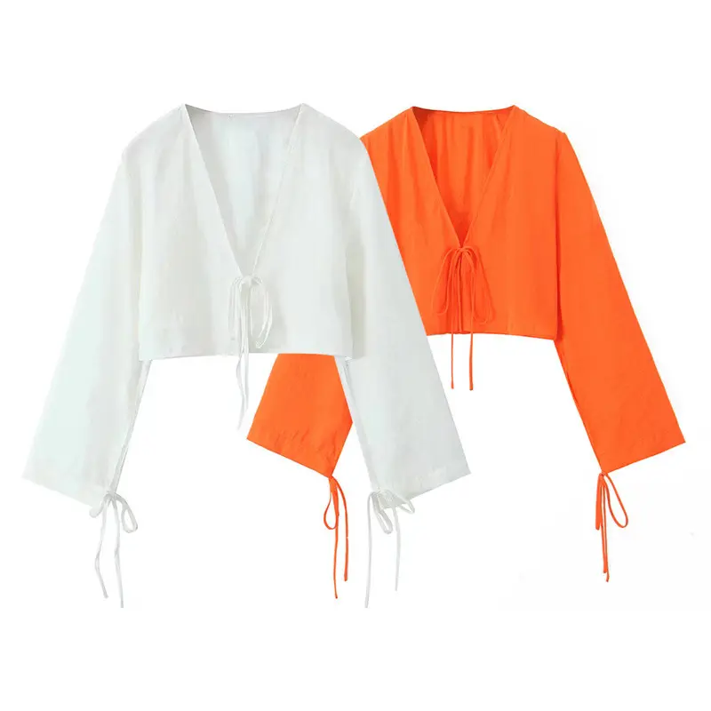 TAOP&ZA 2024 new summer women's fashionable versatile sweet basic lace-up cardigan shirt short top 3074796