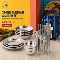 PAL Ensemble de vaisselle en acier inoxydable 304 de 36 pièces, assiettes rondes, bols à soupe, emballage cadeau pour la maison, les restaurants et la restauration