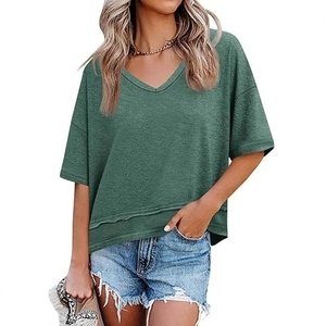 Camiseta de Manga Corta con Cuello en V para Mujer, Diseño Casual de Primavera/Verano, Color Sólido, Transpirable, de Secado Rápido, Algodón de Color - Product Image 3