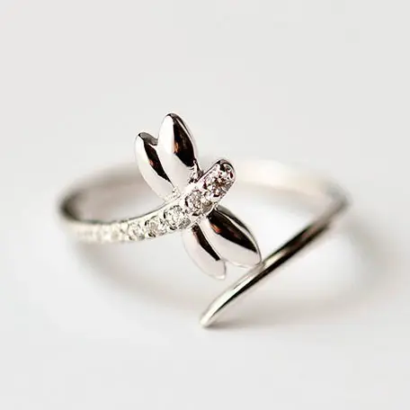 S925 Sterling Zilver Mooie Dragonfly Open Ring Hoge Gepolijst Modieuze Leuke Dier Verstelbare Ringen Voor Meisjes