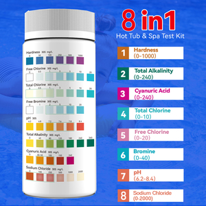 Kit de 100 Tiras Reactivas para Piscina y Spa, 8 Pruebas en 1, Resultados Rápidos, con Sustrato de Papel para Cloro, Bromo, pH, Dureza y Alcalinidad - Product Image 2