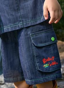 Ensemble de vêtements d'été en denim bleu à col pour bébés garçons, 2 pièces, avec boutons et broderies colorés, anti-boulochage - Product Image 5