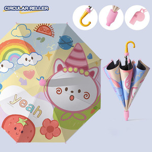 Parapluie pour enfants en polyester à 8 baleines, imperméable, motif dessin animé, pour le soleil et la pluie, avec sifflet et poignée en forme de cornet, idéal pour la maternelle - Product Image 3
