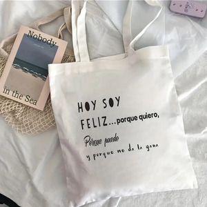 Bolso <span class=keywords><strong>de</strong></span> mano grande <span class=keywords><strong>de</strong></span> lona para mujer, con cita inspiradora en español HOY SOY Feliz, bolso <span class=keywords><strong>de</strong></span> compras diario reutilizable - Product Image 1