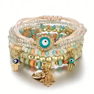 Qh conjunto de pulseira colorida artesanal, conjunto de joias feminino artesanal com cristal frisado, palmeira, coração e charme
