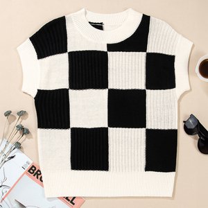 Dear-Lover <strong>Wholesale</strong> Fast Shipping Winter Pullover Checkered Color Block Crew Neck Short Sleeve Knitted <strong>Sweater</strong> - Product Image 4