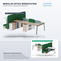 Poste de travail modulaire pour 4 personnes avec espace lounge intégré et écran de séparation acoustique haute performance
