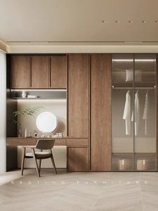 <span class=keywords><strong>Armoire</strong></span> de chambre à coucher en bois sur mesure |   Système de placard multifonctionnel moderne <span class=keywords><strong>avec</strong></span> coiffeuse et étagères ouvertes - Product Image 6