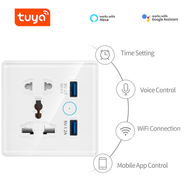 Tuya WiFi Smart Home Devices Double USB Socket Wall Socket 13A Glass ABS Touch Panel UK Standard Lighting Switch Plug Socket