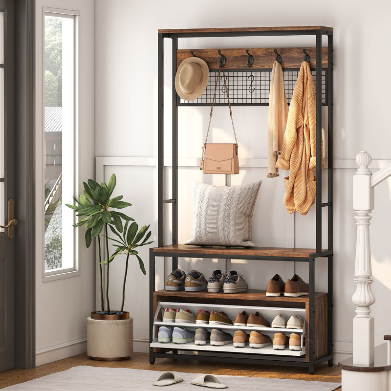 Steel Wooden Hall Tree With Bench And Shoe Storage Coat Rack Entryway Bench And Coat Hanger Stand