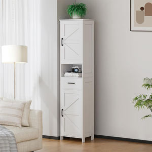 Armoire de rangement haute noire pour salle de bain avec portes coulissantes, meuble de rangement autoportant avec tiroir et compartiment ouvert pour petits espaces - Product Image 2