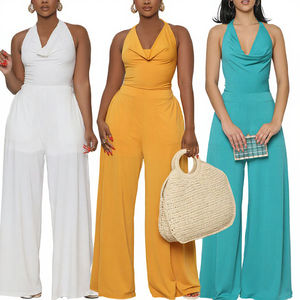 Mono de Verano para Mujer, Holgado, de Punto, Informal, Sólido, para Oficina, con Cuello en V, Cintura Alta, Pierna Ancha, para Salir - Product Image 1