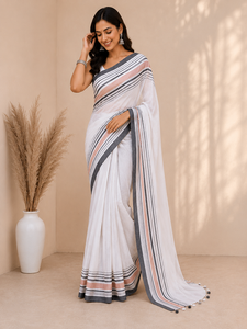 Elegante Sari Blanco de Mezcla de Algodón para Mujer con Tela Suave y Transpirable y Estilo Étnico Indio Clásico, Ligero y Cómodo - Product Image 4