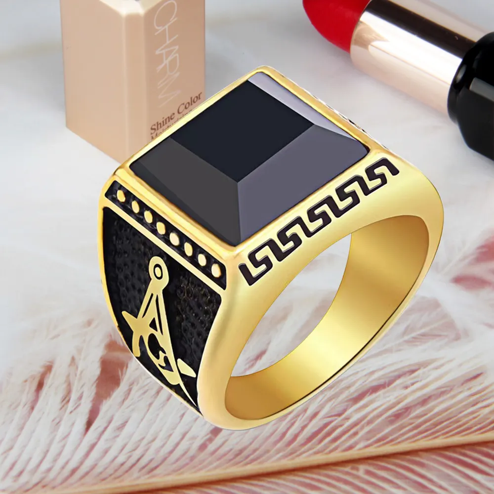 High quality men's jewelry accessories exaggerated atmosphere inlaid black gemstone 18K gold stainless steel ring men