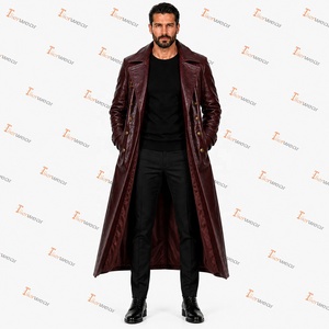 <b>Men's</b> Genuine Leather Long Trench Coat <b>Double</b> <b>Breasted</b> Notched Lapel Embossed Finish With Button Closure - Product Image 3