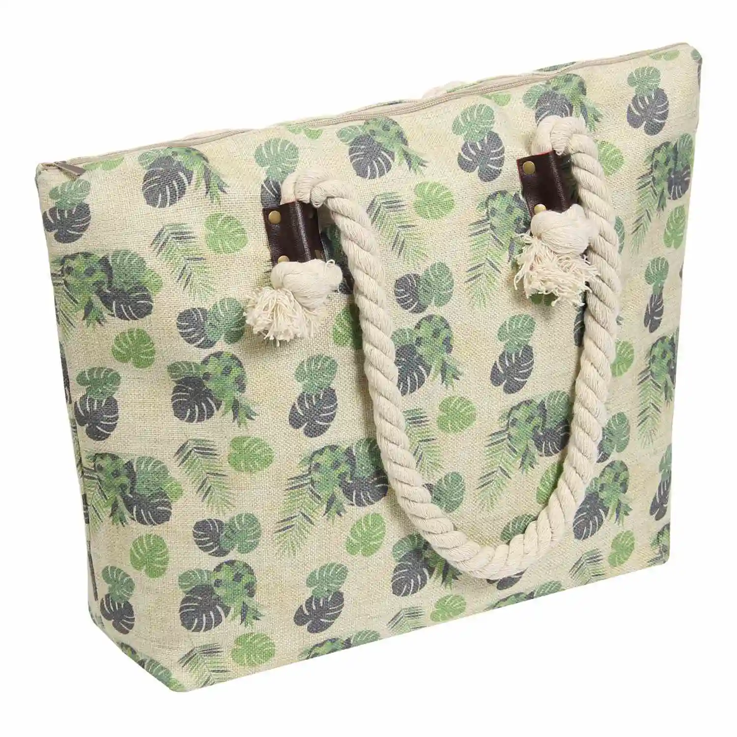 Bolso de algodón de verano con estampado de playa para mujer, bolsos de mano de lona grande con cremallera, bolso de playa con asa de cuerda de algodón