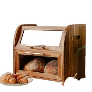 Solid Wood Double Layer Bread <b>Box</b> With <b>Glass</b> Door And Handle For Kitchen Countertop Storage - Product Image 5