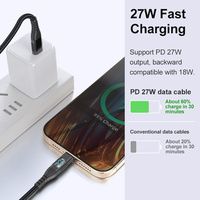 Câble USB-C vers 8 broches 27W PD, tressé en nylon, avec affichage numérique LED, pour la charge des appareils iPhone et Apple, vente en gros