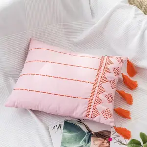 Home Decor Waist Leaning Handmade Embroidery China Style Solid Sofa Cushion 100% Cotton Embroidered Tassel Pillow Cases