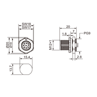 Connecteur circulaire 9 broches pour circuit imprimé, connecteur circulaire M12 pour montage sur panneau de circuit imprimé, connecteur circulaire de type M12 pour montage sur carte de circuit imprimé