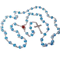 Rosário de contas de cristal azul claro, colar católico, medalha de solo holy e jerusalém