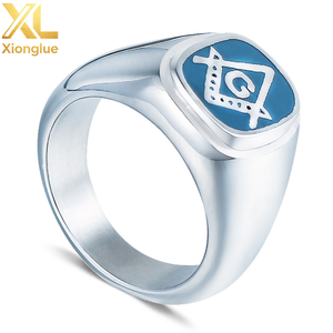 High Quality 18K Gold Plated Blue Oil Enamel Stainless Steel Unisex Hiphop Punk Freemason <b>Masonic</b> Custom Rings <b>Gift</b> - Product Image 1