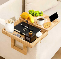 Nouvelle conception, plateau de canapé réglable 4 en 1 en bambou, table d'accoudoir de canapé avec rotation à 360° °   Support de téléphone rotatif et porte-gobelet